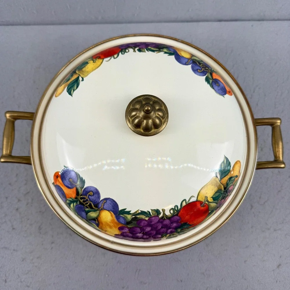 Vtg Enamel Dutch Oven Casserole Orchard Fruit Pattern Brass Handles Pristine 10